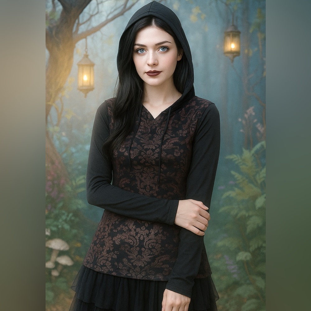 Willi Smith Women Y2k Whimsygoth Top Size M Hooded Dark Floral Black Witchy Vamp